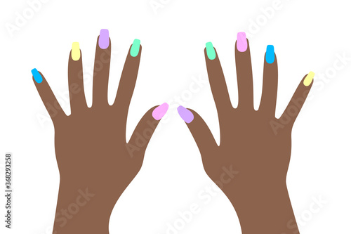 tanned hands with trendy bright multicolored summer manicure. Vector isolated on white background.