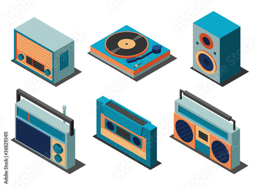 Retro musical equipment set on a white background. Vector illustartion of radio, vinyl player, audio cassete, speaker and tape recorder in isometric style.