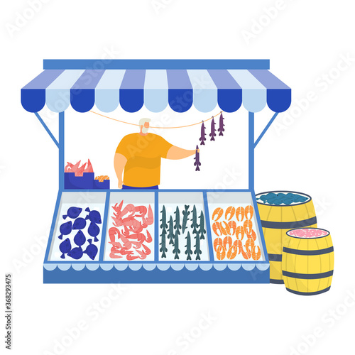 Urban street market store sell fresh fish and sea dweller, male character professional fisher trade salmon isolated on white, flat vector illustration. Barrel fish stand kiosk, sea ocean fishing.