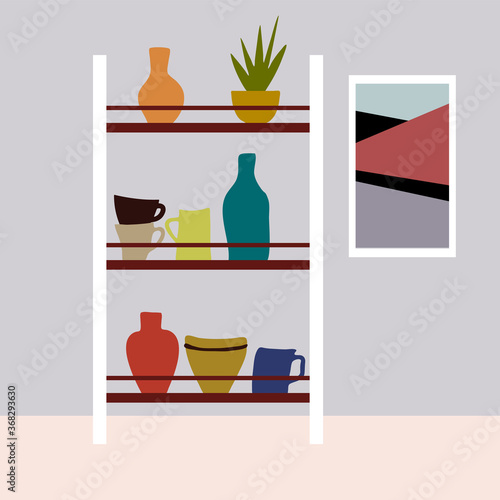 shelf with dishes, vases, bottle, cup, houseplant. Simple cartoon style