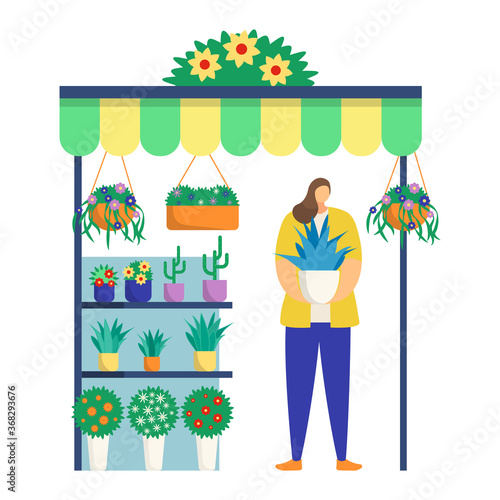 Woman character hold plants pot, female florist trade self grown flower and cactus isolated on white, flat vector illustration. Concept kiosk to sell house plant, decoration street market stall.