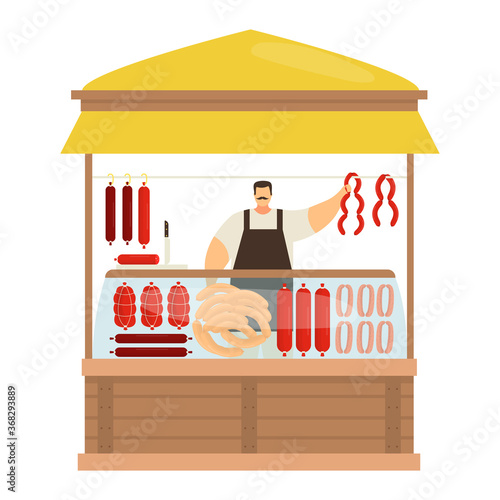 Professional male character butcher store, trade meat product and sausage, street kiosk to sell semi finished mince isolated on white, flat vector illustration. Concept urban marketplace food.