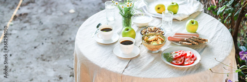 coffee and breakfast on the table outdoor country terrace food background top view copy space for text organic healthy eating