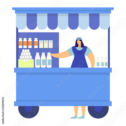 Street urban milk store and egg shop, woman character farmer trade homemade dairy product isolated on white, flat vector illustration. Concept kiosk to sell lactose food, market with stall.