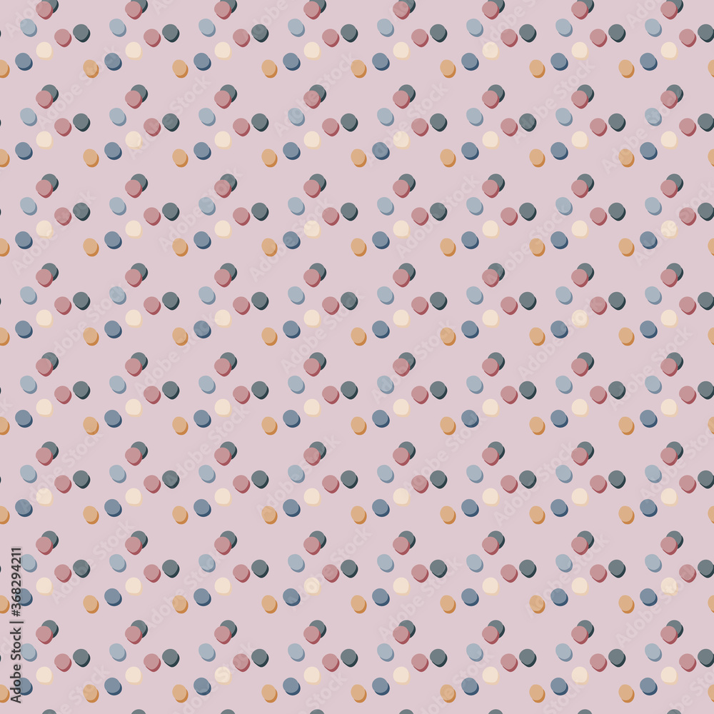 Random abstract polka dot seamless pattern. Small dots in blue, pink, purple colors on pastel lilac background. Random abstract polka dot seamless pattern. Small dots in blue, pink, purple colors on pastel lilac background.