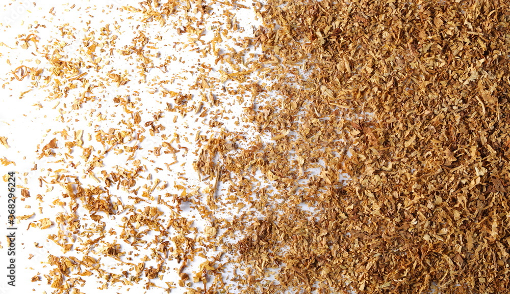 Tobacco golden pile isolated on white background, top view
