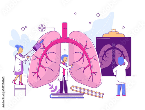 Tiny character professional doctor, male female scientific staff study line organ disease isolated on white, flat vector illustration. Woman hold syringe medicine, man physician lung research.