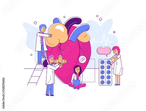 Tiny character professional scientific doctor, teamwork research body organism, line physician personal study heart isolated on white, flat vector illustration. Prescribe medical drug.