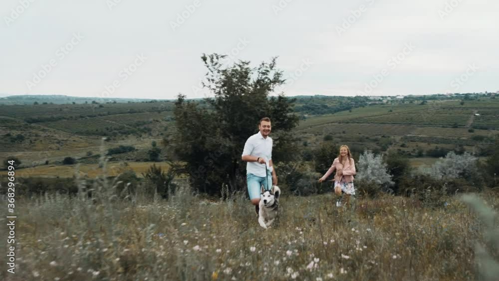 Happy young couple running on a field with their hash dog. The young man runs in front with the dog and the happy girl runs away from behind. Wide frame filmed among the thick grass. Happy young couple running on a field with their hash dog. The young man runs in front with the dog and the happy girl runs away from behind. Wide frame filmed among the thick grass.