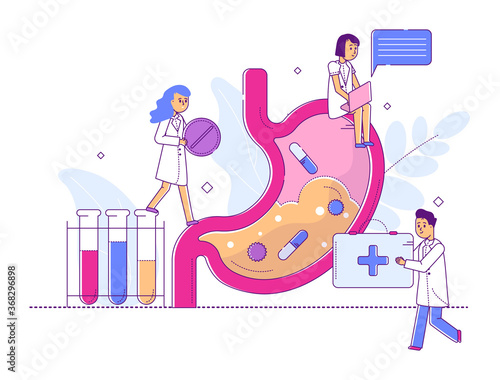 Tiny doctor team study human stomach, line character male female scientific staff conduct experiment isolated on white, flat vector illustration. Woman hold tablet medicine, man carry first aid kit.