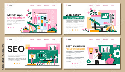 Set of four web page templates for business SEO and solutions, mobile app development and web design, colored vector illustration