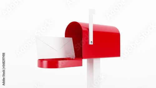 Mailbox animation. 4k 3D animation of a traditional red mailbox with a white envelope coming out