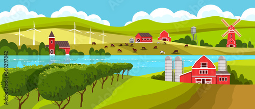 Farm rural landscape with mill, vineyard, lake, livestock, hills, green fields, mountains, barn. Countryside rural landscape with grazing cows, bushes, river, wind turbine, red house. European view