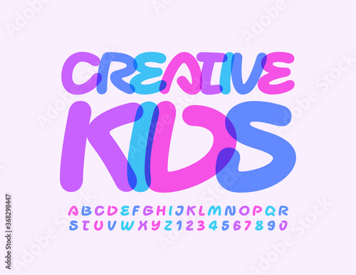Vector art emblem Creative Kids. Colorful handwritten Font. Bright Alphabet Letters and Numbers