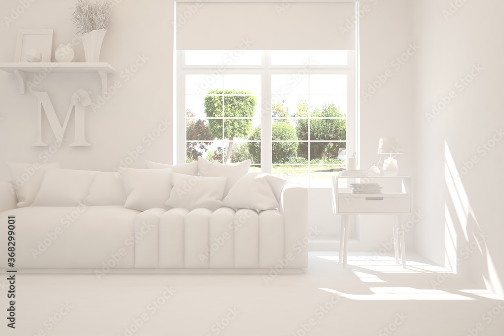 Fototapeta premium White room with sofa and green landscape in window. Scandinavian interior design. 3D illustration