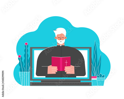 Vector flat concept. Catholic pastor (cartoon character) preaches sermon people staying home. Priest holds Bible. Online conference on laptop. Digital services and apps as part of modern Church Life