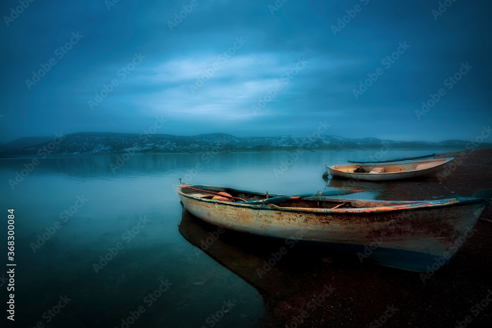 A fishing boat among the reeds. Iznik Lake. Bursa.