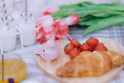 Vintage summer tea party with cute pastel colours, set up, cute, pink, vintage, tea party, fresh fruits, milk, egg, flower, sugar, berries, summer, light, antique, shabby chic, breakfast, wooden, fres