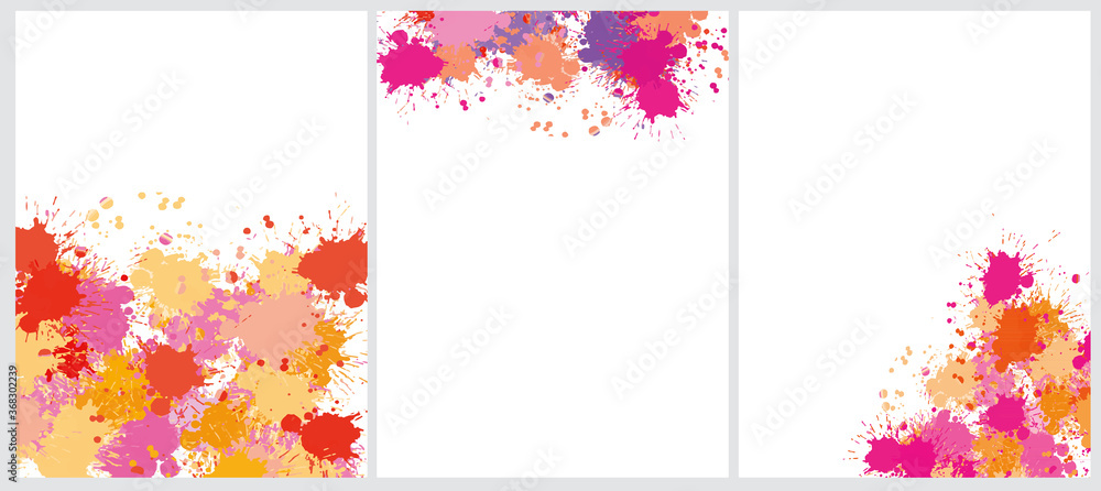Set of 3 Simple Splattered Vector Blanks. Free Hand Colorful Textured Background. Abstract Vector Prints Ideal for Layout, Cover, Card. Creative Multicolor Painted Layouts. 