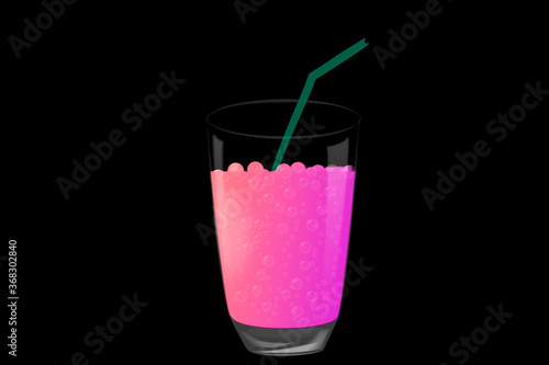 Pink magic potion with bubbles in a glass with a straw on a black background.