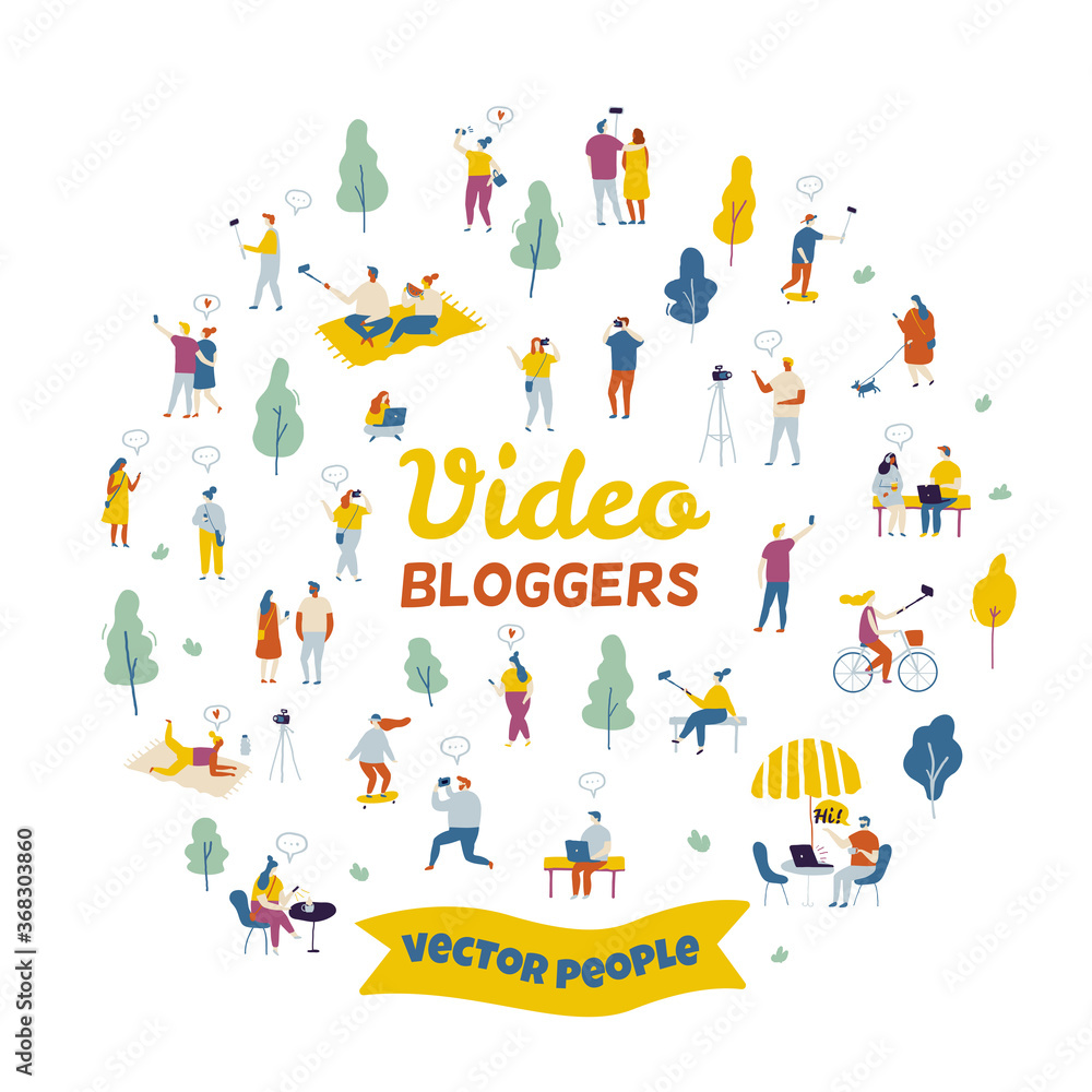 Fototapeta premium Bundle of flat characters isolated on white background. People bloggers creating content and posting it on social media. Blogging and vlogging set. Flat vector illustration.