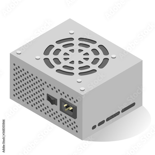 Power supply unit or PSU realistic isometric icon. Computer internal component, hardware.
