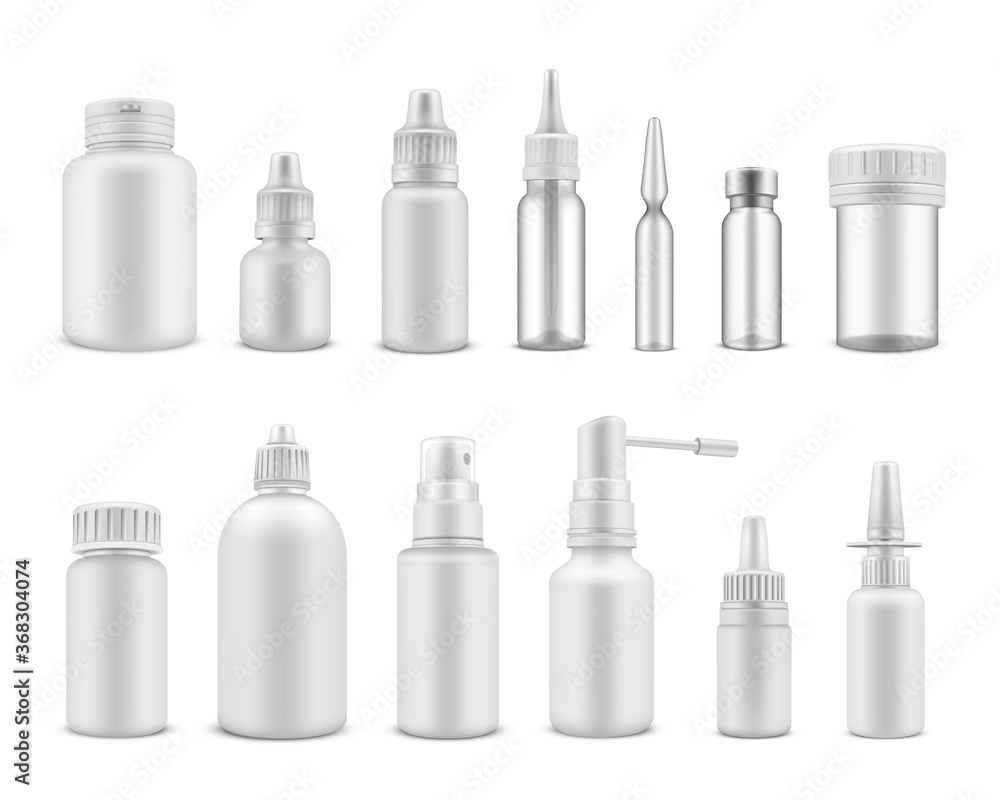 Medical packaging white realistic mockups set. Phial, jar, spray, vial, dropping bottle, flask. Medical packaging white realistic mockups set. Phial, jar, spray, vial, dropping bottle, flask.