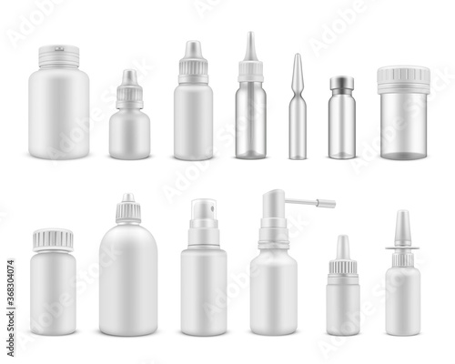 Medical packaging white realistic mockups set. Phial, jar, spray, vial, dropping bottle, flask.
