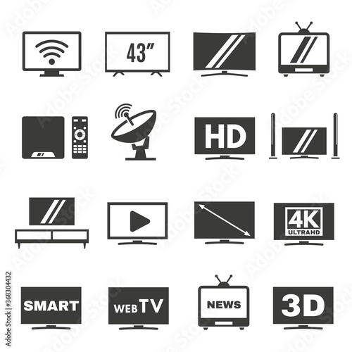 Television, screen, display line and bold icons set isolated on white. Tv, multimedia, hd pictograms.