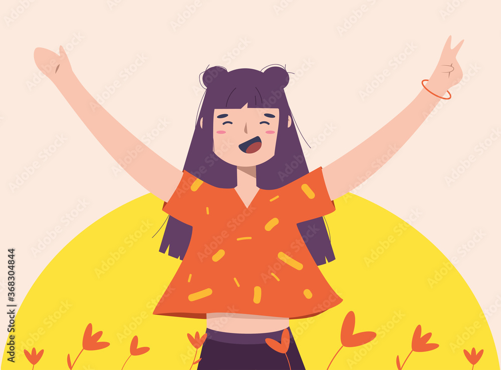Naklejka premium Happy young girl enjoy summer time surrounded by flowers. Freedom after hard working day, long-awaited vacation