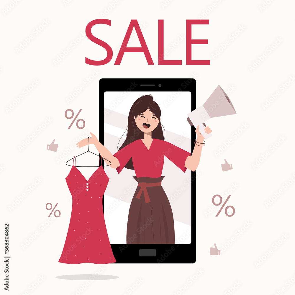 Happy girl holds dress in her hand and informs about discounts by megaphone on the background of smartphone. Online shopping sale Happy girl holds dress in her hand and informs about discounts by megaphone on the background of smartphone. Online shopping sale