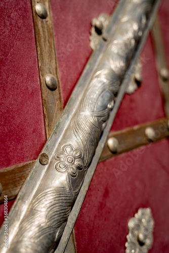 Ornate exterior door decorations in Prague, Czech Republic.
