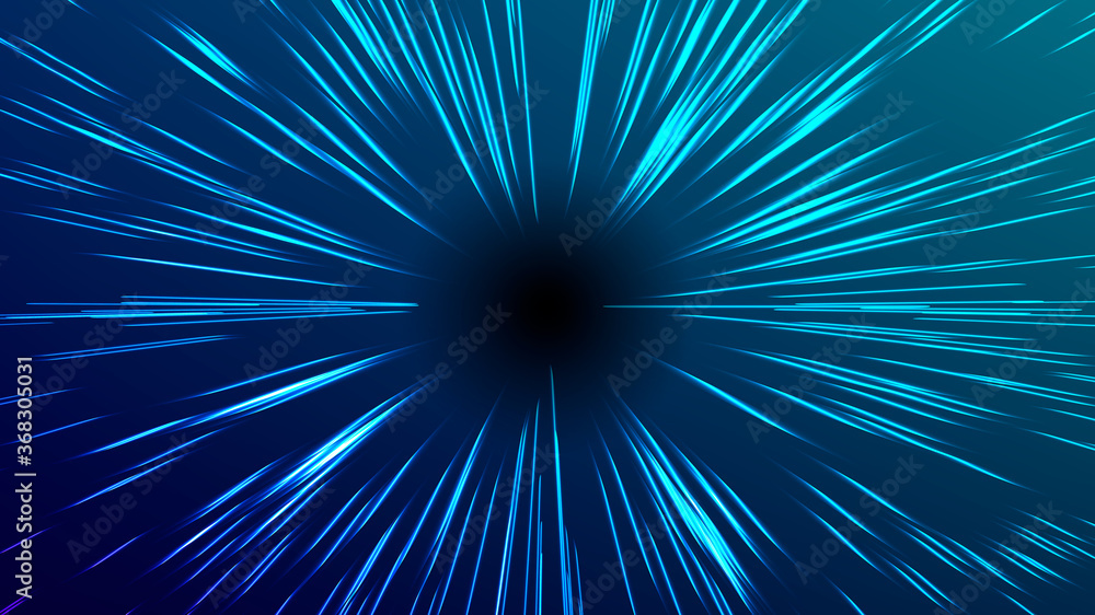 Fototapeta premium Vector illustration of faster than light (FTL) interstellar or intergalactic travel. Speed of light and hyperspace. Colorful design template for poster, banner, cover, catalog, wallpaper. 