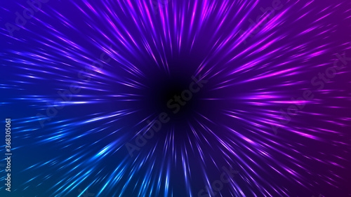 Vector illustration of faster than light (FTL) interstellar or intergalactic travel. Speed of light and hyperspace. Colorful design template for poster, banner, cover, catalog, wallpaper. 