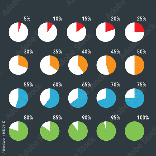 Set of colourful infographic circle percentage flow diagrams piecharts icons 10% - 100%, simple digital flat design data interface elements app button ui ux web, vector isolated on black background photo