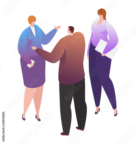Leader chief businessman talk businesswoman discuss business company plan isolated on white, isometric vector illustration. Character male female with information file, give order subordinate.
