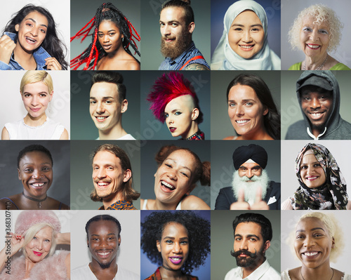 Portrait smiling diverse people video conferencing on screen