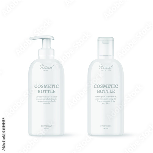 Realistic cosmetic bottles with label on white background. Cosmetic containers and tubes with dispenser pump for cream, shampoo, gel, balsam, conditioner, soap,  etc. Vector Illustration