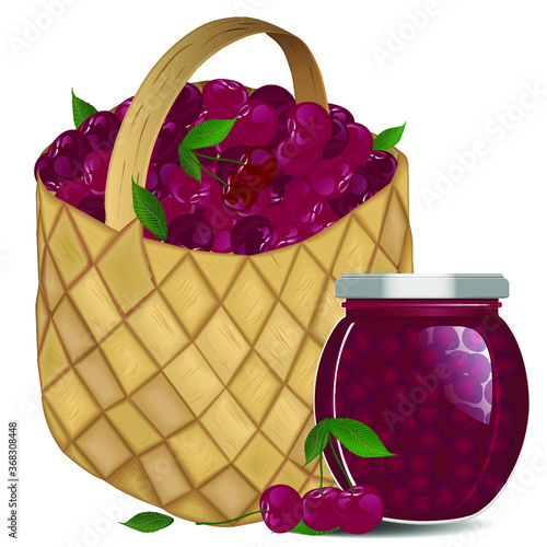 Full wicker basket with ripe cherries on a white background. Cherry jam in a jar. Vector illustration