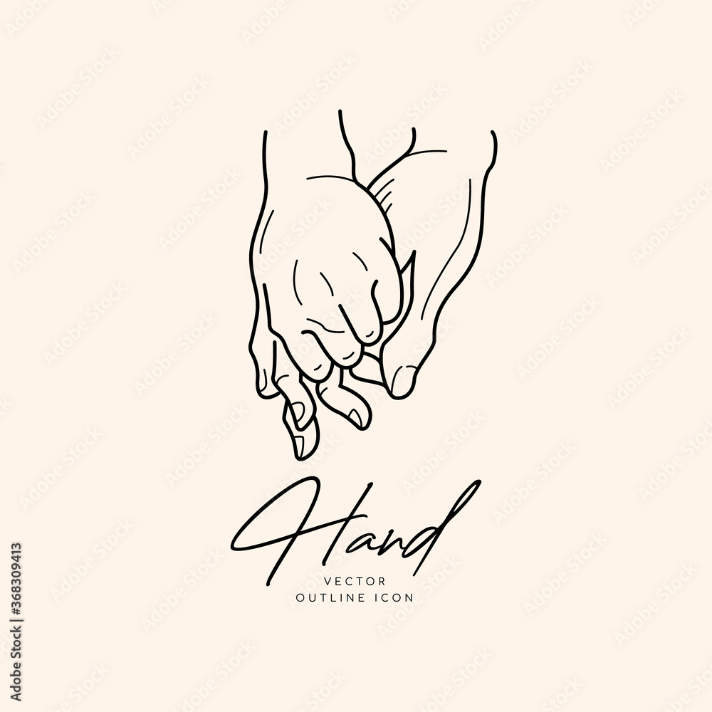 Collection of fine, hand drawn style logos and icons of hands. Fashion, skin care and wedding concept illustrations.