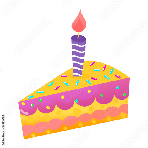 Delicious festive piece cake with celebration candle, holiday baking birthday...