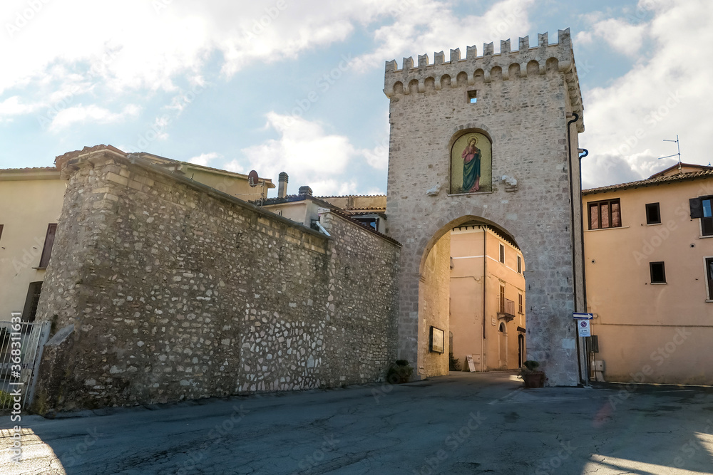 Spoletina Door, main entrance to the ancient medieval city of Leonessa, Lazio region, Rieti province, Italy