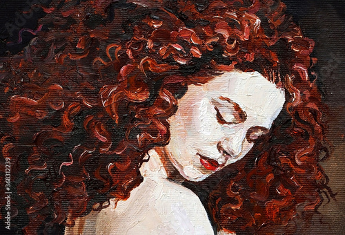 Fototapeta Naklejka Na Ścianę i Meble -  Mystical  nymph with fiery red curly hair that falls on snow-white shoulders. Oil painting on canvas. 