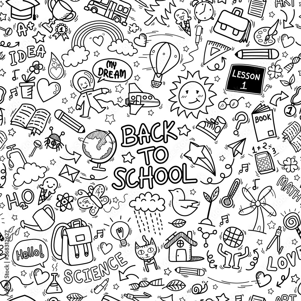 © asiandelight - back to school doodle icons seamless pattern background. hand drawn education sign and stationery supply item and equipment symbols isolated on white background © asiandelight - back to school doodle icons seamless pattern background. hand drawn education sign and stationery supply item and equipment symbols isolated on white background