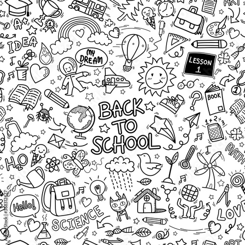 back to school doodle icons seamless pattern background. hand drawn education sign and stationery supply item and equipment symbols isolated on white background