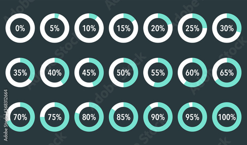 Set of green infographic percentage piecharts / segment of hole circle icons 0% - 100%, simple flat design loading data interface elements app button ui ux web, vector isolated on black background