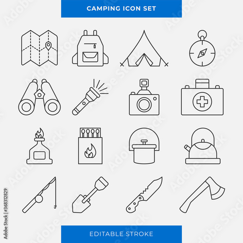 Simple set of vector icons for outdoor recreation, hiking in the forest, camping