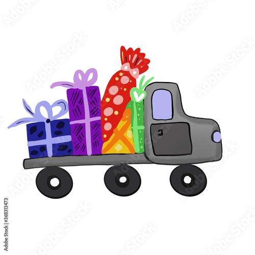 Multi colored truck with a trailer for delivery of goods with gifts sweets for the design of books rushing sites Antistress