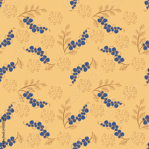 Vector abstract seamless pattern with berries  twigs  circles. Simple floral texture in doodle style. Modern background with hand drawn elements. Blue  yellow and brown color. Stylish repeat design