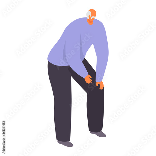 Elderly people man character, sick risk old male leg pain syndrome isolated on white, cartoon vector illustration. Poor health conditions old people, medical care weak body, social assistance.